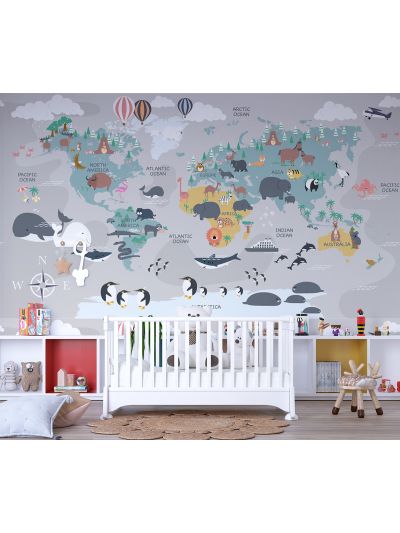 Papel de colgadura adhesivo para Habitaciones de MAPAS INFANTIL - Ballenas y Pingüinos.