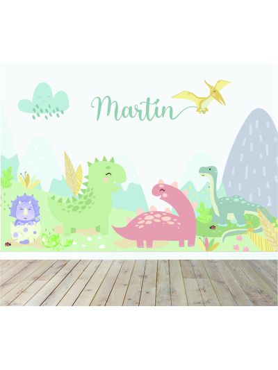 Papel de Colgadura Infantil de Dinosaurios en tonos Verdes (Personalizado con Nombre)