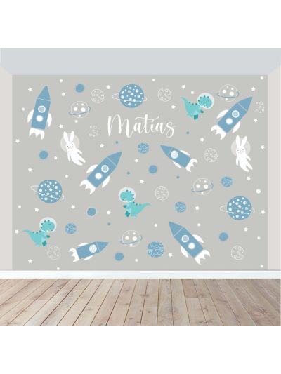 Papel de Colgadura Infantil de Galaxia - Gris Claro- Azul. (Personalizado con Nombre)