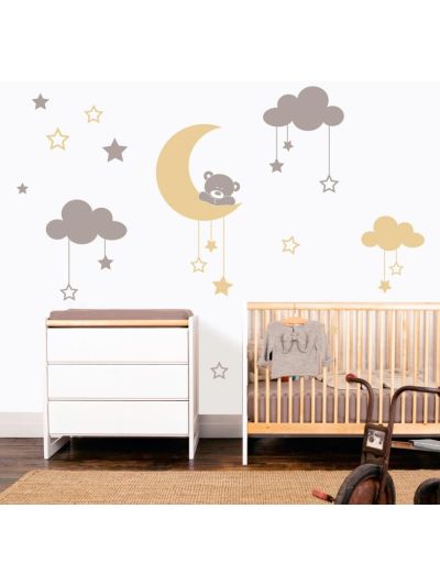 Vinilo decorativo infantil de osito, luna y estrellas