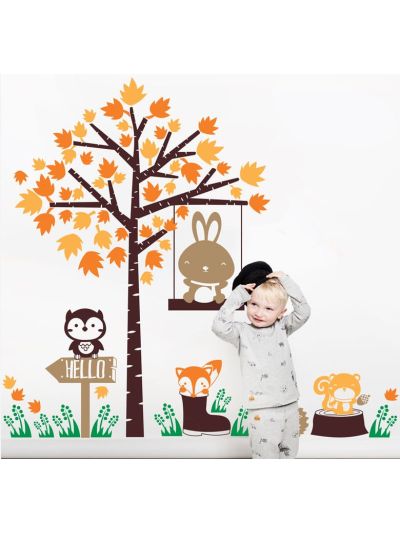 Vinilo Decorativo Infantil De Árbol Otoñal Con Animalitos