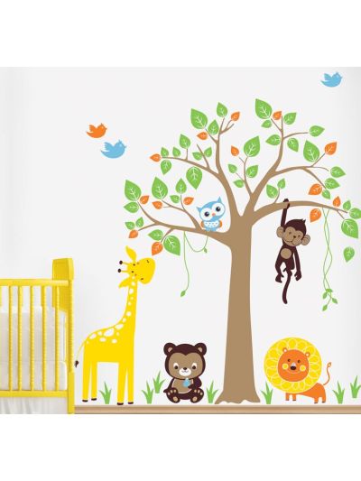 Vinilo Decorativo Infantil Árbol Feliz Con Jirafa, Pájaros, Búho Y Mono.