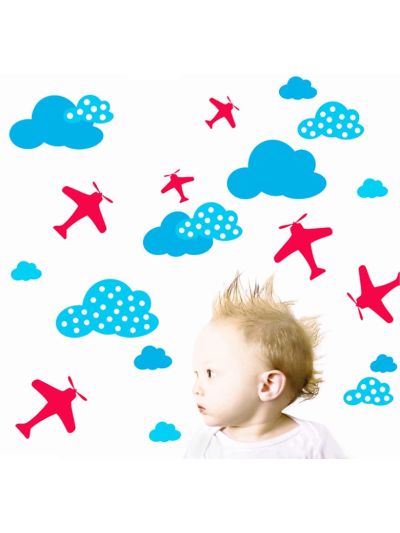 Vinilo decorativo infantil de aviones y nubes.