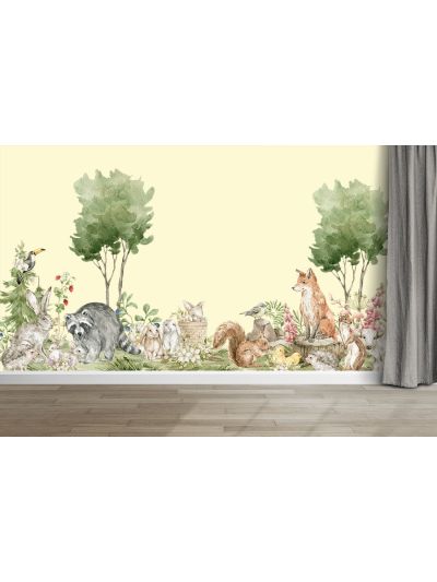 Papel de colgadura infantil de animalitos del bosque tropical-fondo amarillo claro