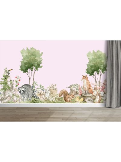 Papel de colgadura infantil de animalitos del bosque tropical-fondo rosa claro