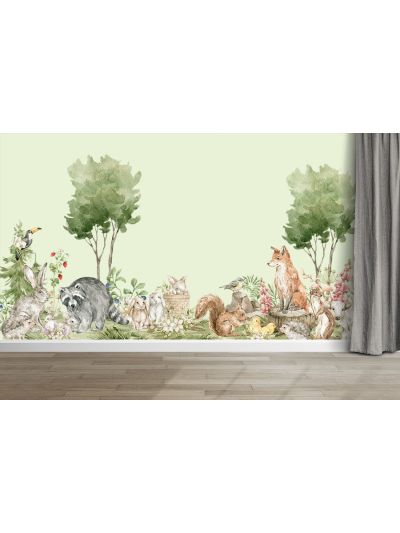 Papel de colgadura infantil de animalitos del bosque tropical-fondo verde menta