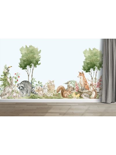 Papel de colgadura infantil de animalitos del bosque tropical-fondo azul claro