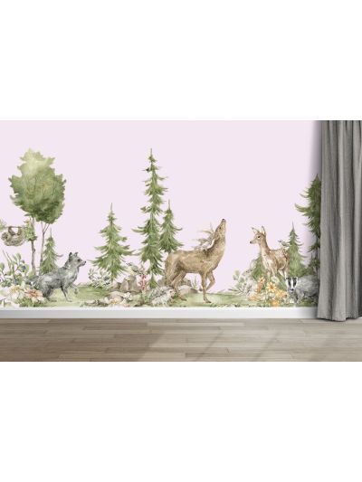 Papel de colgadura infantil de animalitos del bosque tropical-fondo rosa claro