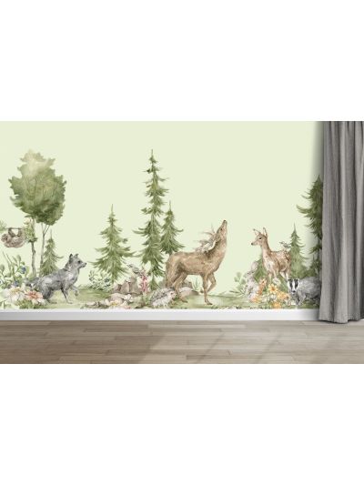 Papel de colgadura infantil de animalitos del bosque tropical-fondo verde claro