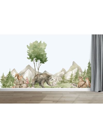 papel de colgadura Infantil Bosque encantado con oso fondo azul claro