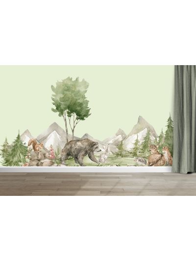 papel de colgadura Infantil Bosque encantado con oso fondo menta