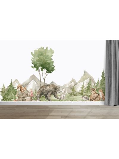 papel de colgadura Infantil Bosque encantado con oso fondo gris