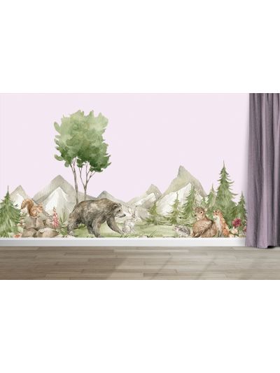 papel de colgadura Infantil Bosque encantado con oso fondo rosa