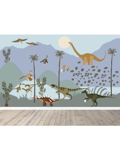 Papel de colgadura infantil de dinosaurios. De vuelta al mundo Jurásico. en tonos azulados