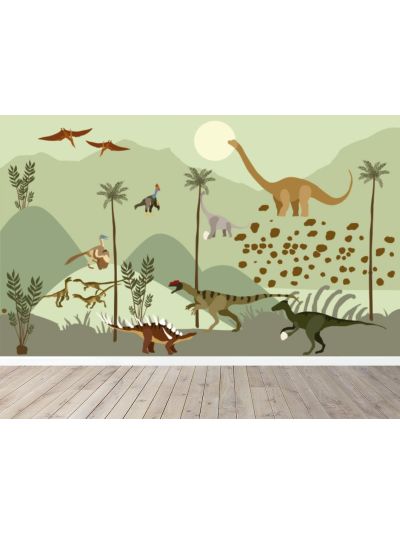 Papel de colgadura infantil de  dinosaurios. De vuelta al mundo Jurásico. En tonos verdes