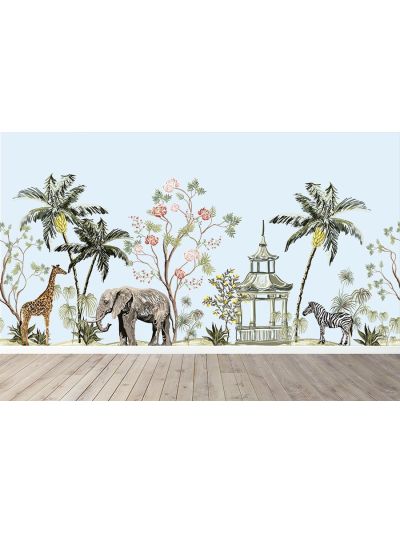 Papel de colgadura infantil de animalitos de la selva tropical-fondo-azul claro