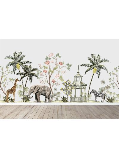 Papel de colgadura infantil de animalitos de la selva tropical-fondo- gris claro