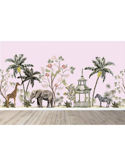 Papel de colgadura infantil de animalitos de la selva tropical-fondo-rosa claro