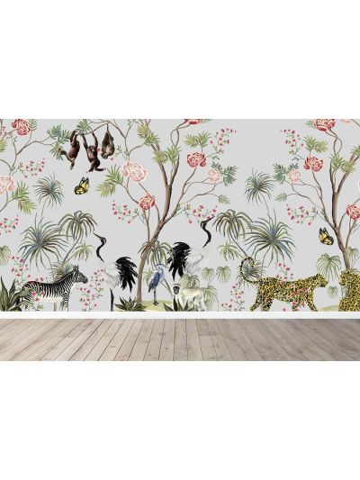 Papel de colgadura infantil de animalitos de la selva tropical-fondo gris claro