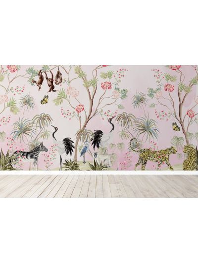 Papel de colgadura infantil de animalitos de la selva tropical-fondo-rosa claro