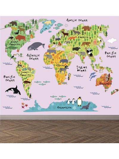 Papel de colgadura infantil de mapamundi con animalitos -Rosa-mundo-mapa