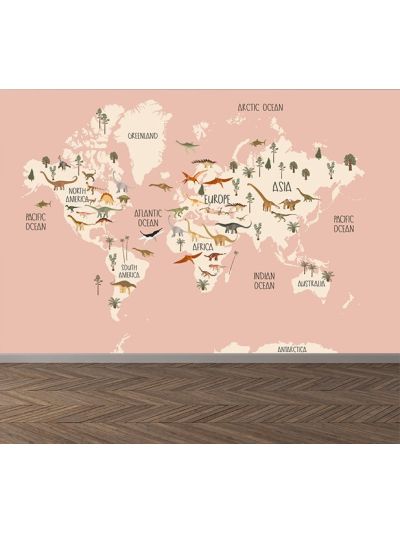 Papel de colgadura infantil de mapamundi con dinosaurios-Rosa-mundo-mapa