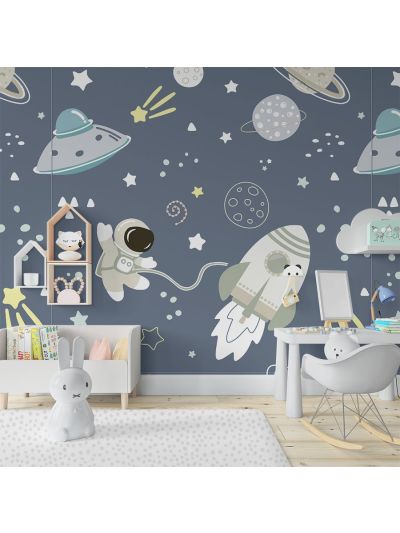 Papel de Colgadura Infantil de Galaxia - Gris - Azul. (Personalizado con Nombre del Niño)