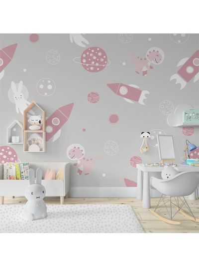 Papel de colgadura infantil de galaxia-gris-rosa