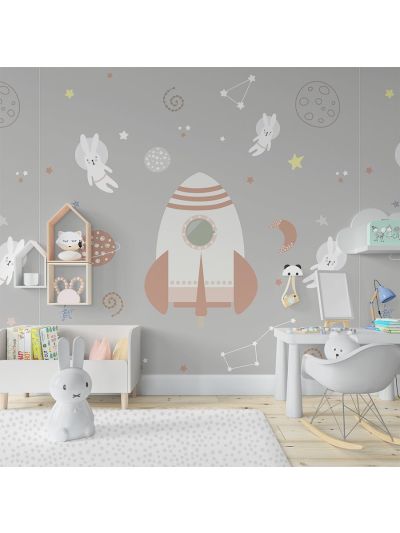 Papel de Colgadura Infantil de Galaxia y Cohete - Gris - Rosa (Personalizado con Nombre del Niño)