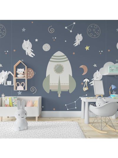 Papel de colgadura infantil de cohete y galaxia-gris-azul.