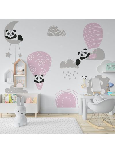 Papel de colgadura infantil de globos y panda-gris y rosa