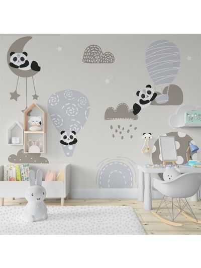 Papel de Colgadura Infantil de Globos y Panda - Gris y Azul (Personalízalo con Nombre del Niño)