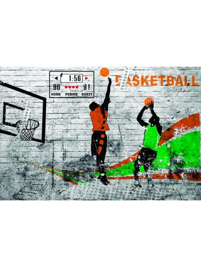 Papel de colgadura Juvenil Con fondo de ladrillos, jugando baloncesto verde-naranja