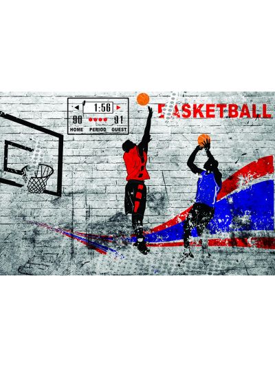 Papel de colgadura para niños y jóvenes. Pared de ladrillos tipo grafiti  BALONCESTO verde-naranja