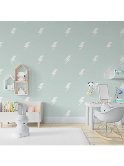 Papel de colgadura infantil triangular estampado con mini rayos en azul y blanco