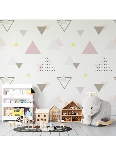 Papel de colgadura infantil triangular estampado de triángulos-gris-rosa