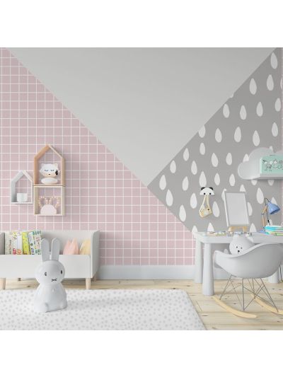 Papel de colgadura infantil triangular estampado y unicolor gris claro, gris medio y rosa