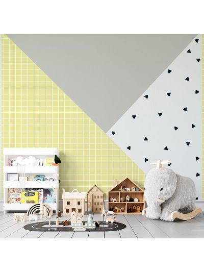 Papel de colgadura infantil triangular estampado y unicolor -gris-amarillo