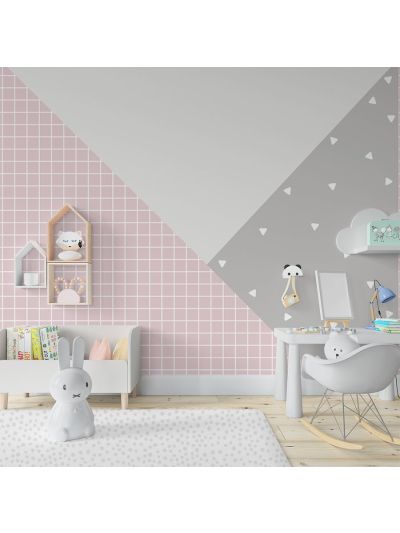 Papel de colgadura infantil triangular estampado y unicolor gris claro, gris medio y rosa