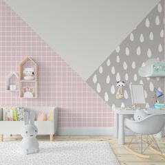 Papel de colgadura infantil triangular estampado y unicolor gris claro, gris medio y rosa